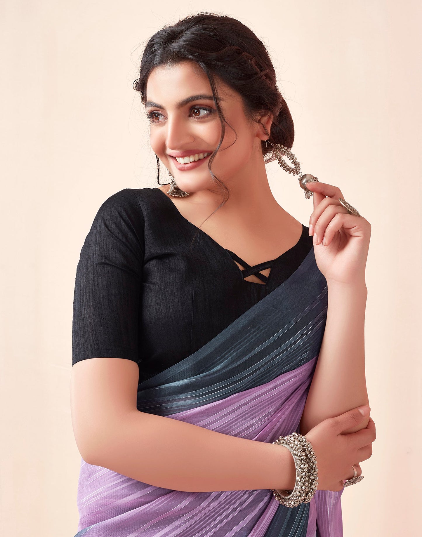 Ready to Wear Grey& purpal Georgette Printed Saree