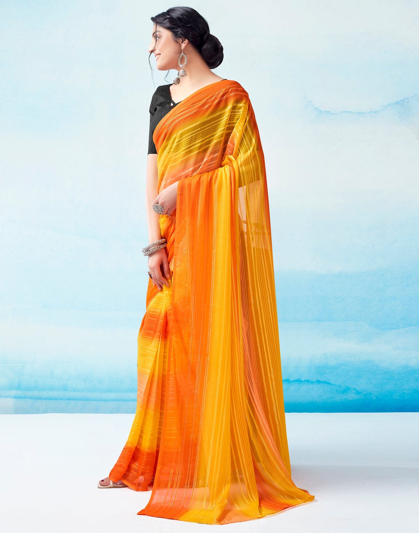 Ready to Wear Yellow Georgette Printed Saree