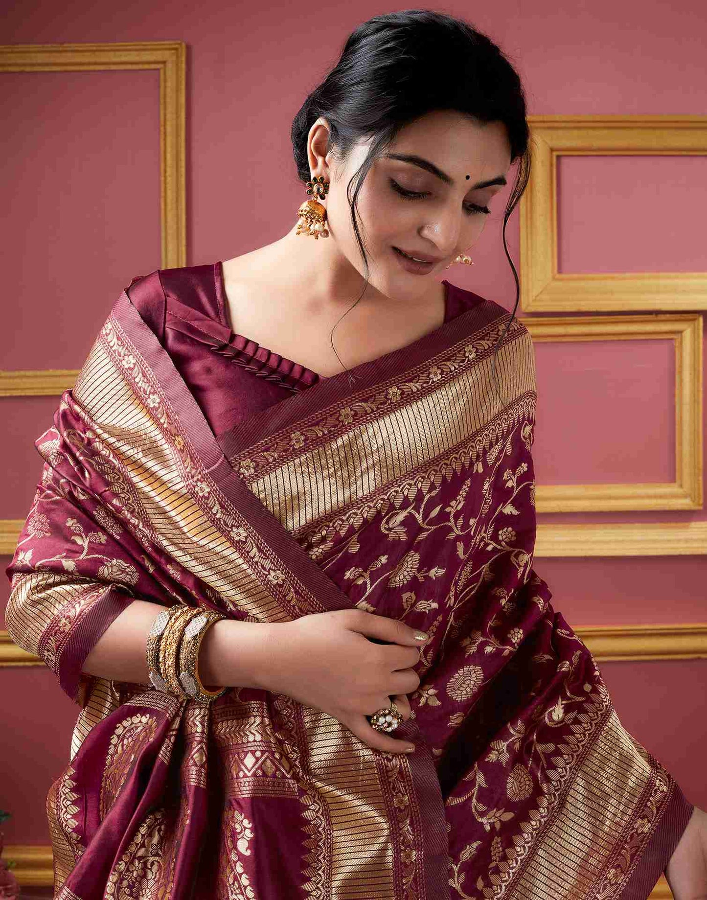 Dark Maroon Banarasi Silk Saree