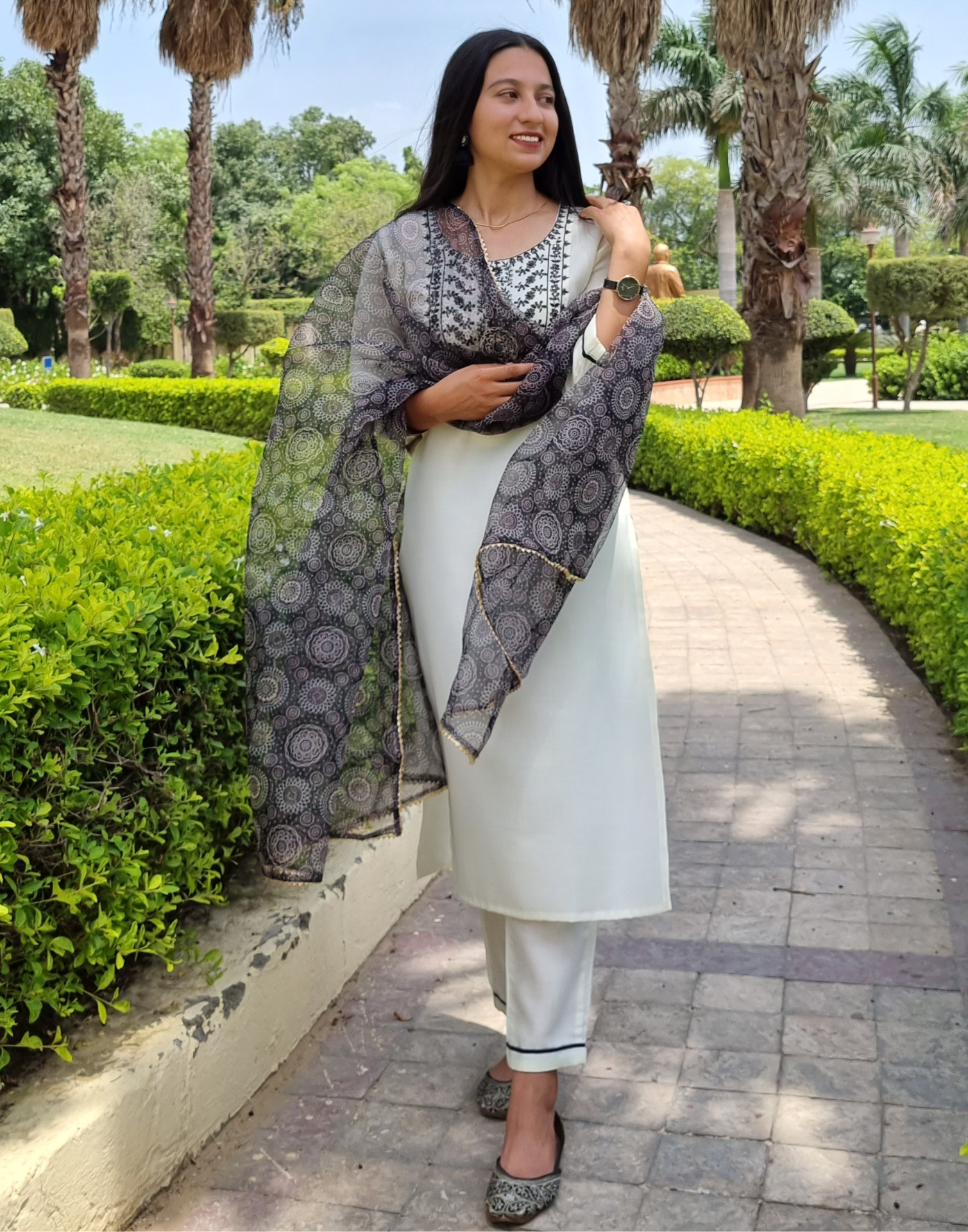 Cream Sequence Straight Kurti With Pant And Dupatta | Leemboodi