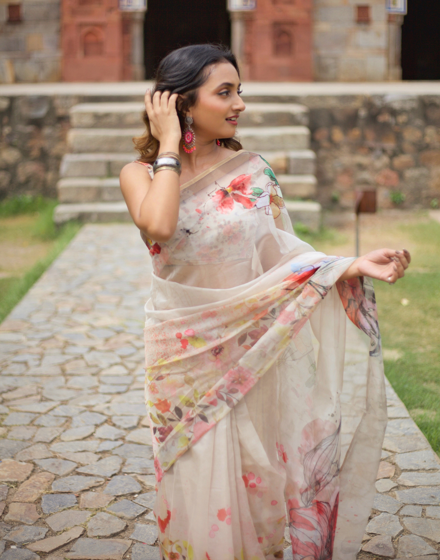 Beige Organza Printed Saree