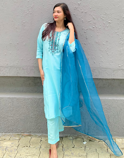 Light Blue Cotton Embroidery Straight Kurta With Pant And Dupatta
