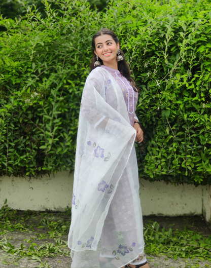 Lavender Printed Kurti With Pant And Dupatta | Leemboodi