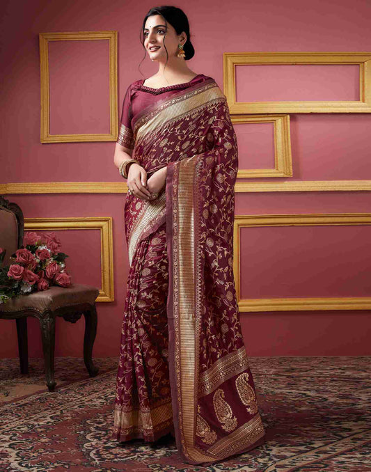 Dark Maroon Banarasi Silk Saree