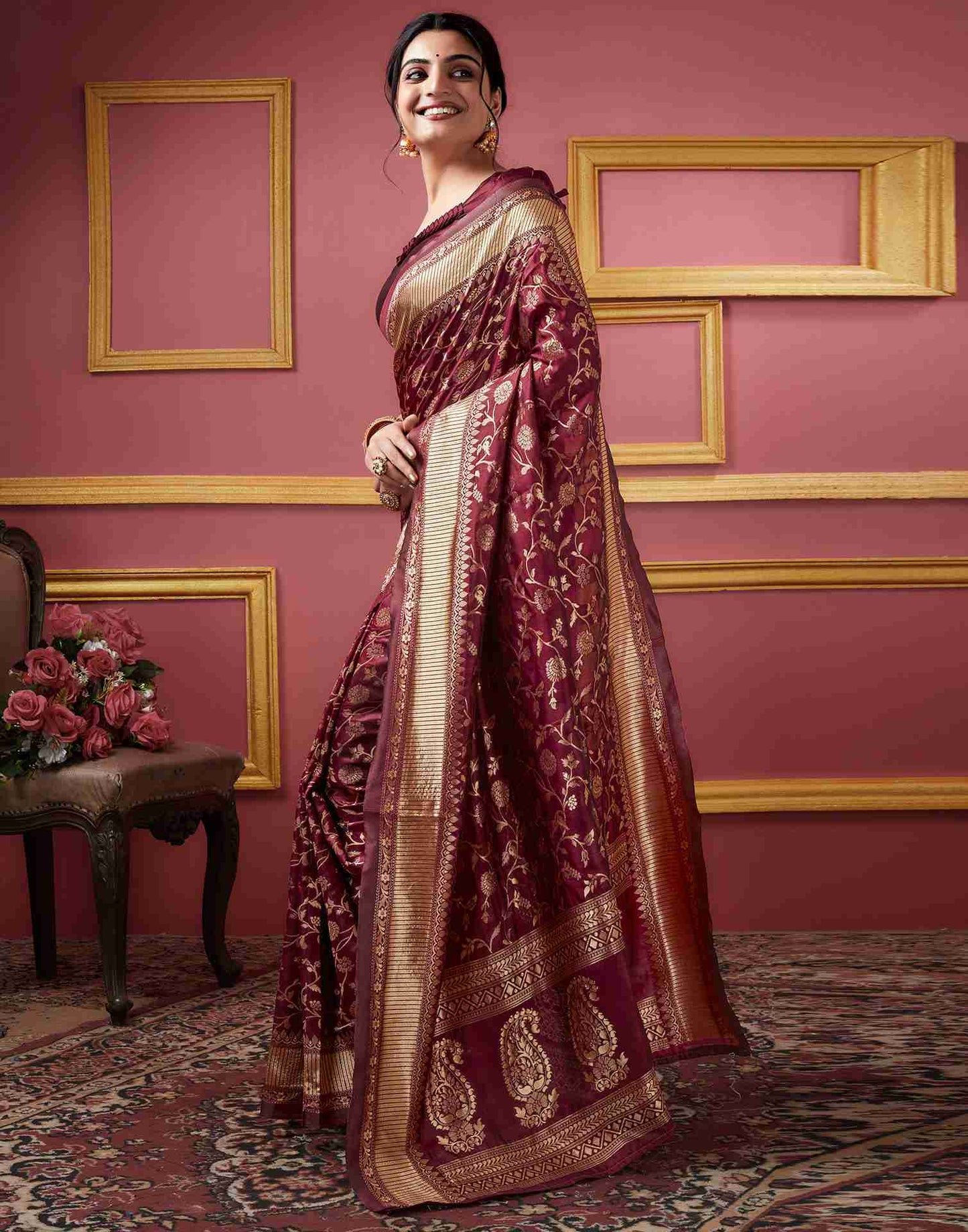Dark Maroon Banarasi Silk Saree