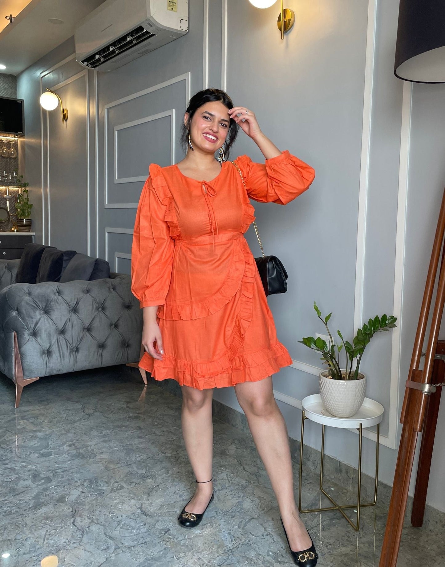 Orange Detailed Ruffle Dress | Leemboodi