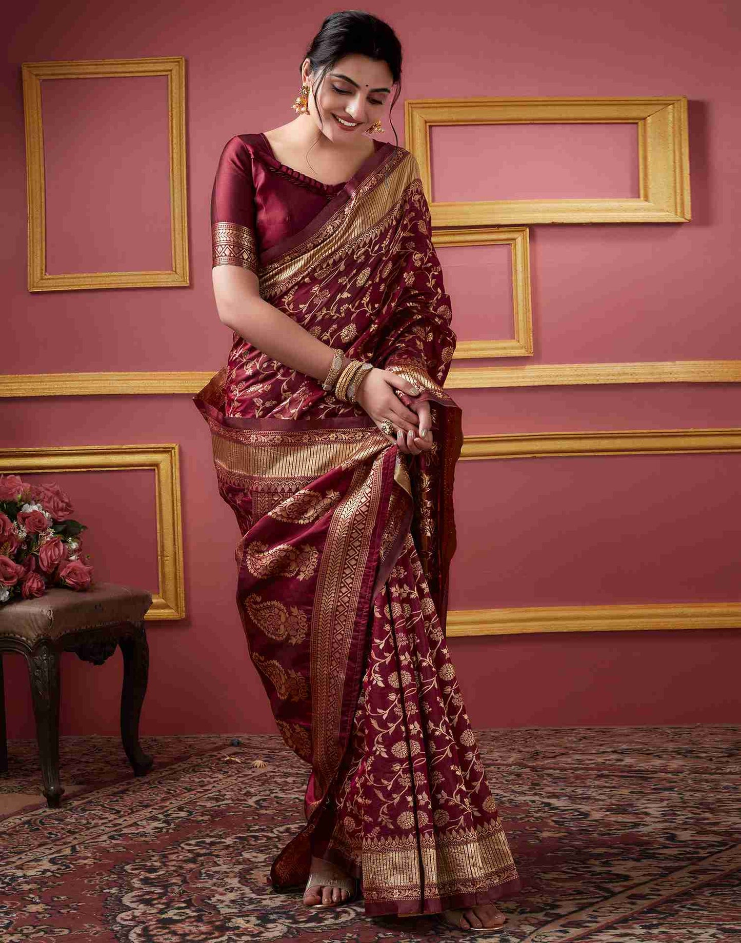 Dark Maroon Banarasi Silk Saree