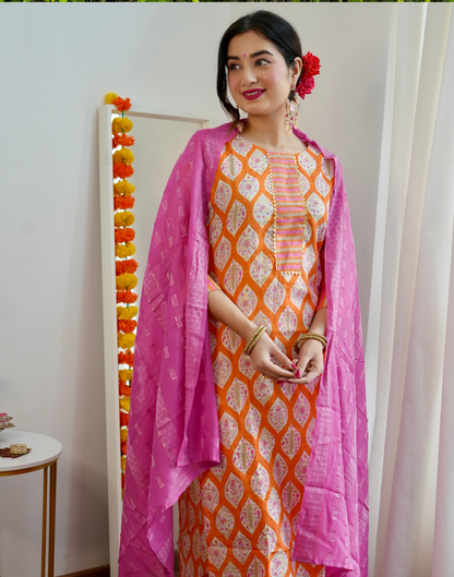 Light Orange Cotton Printed Straight Kurta With Pant And Dupatta