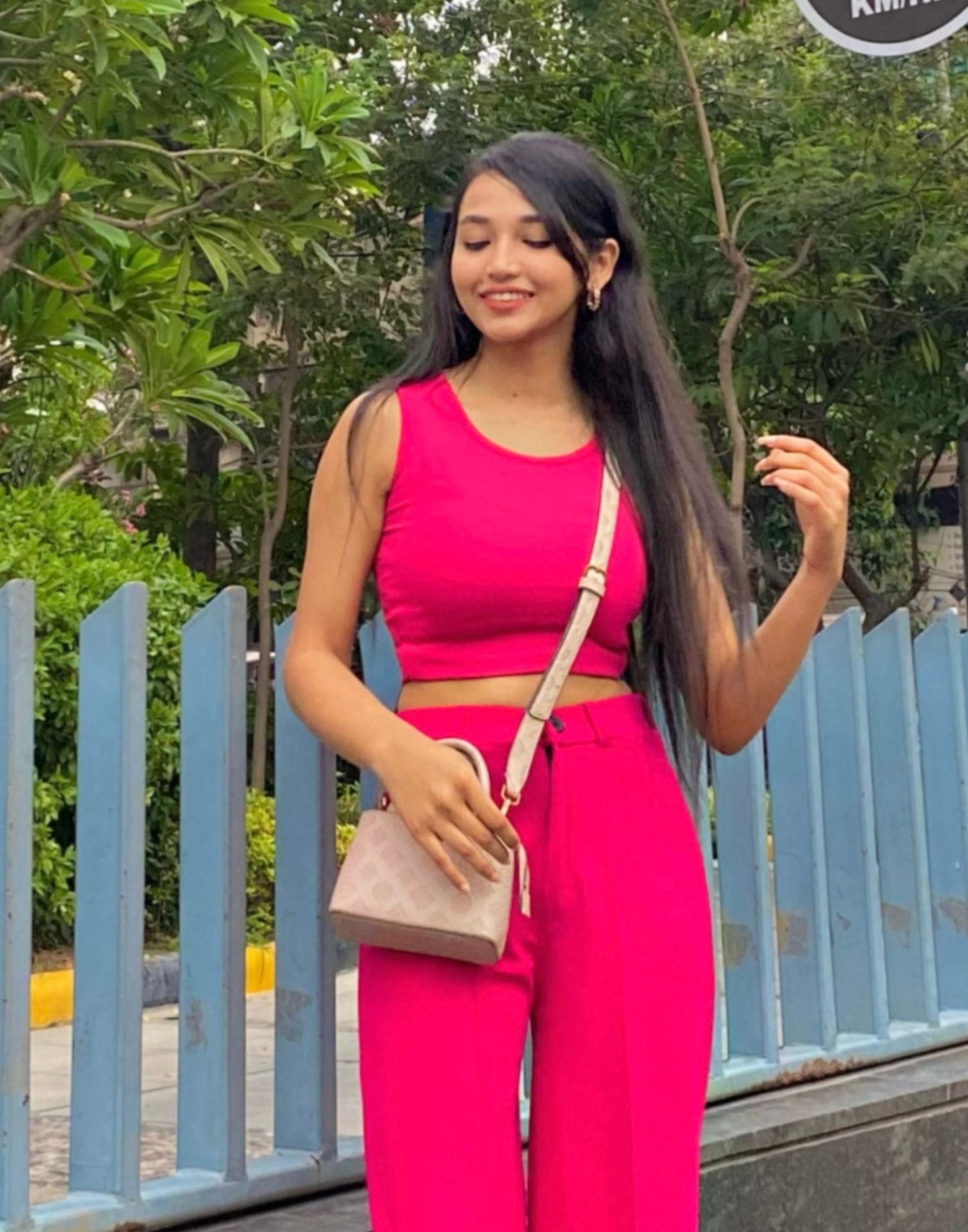 Fuchsia Pink Tank Top With Flared Trouser | Leemboodi