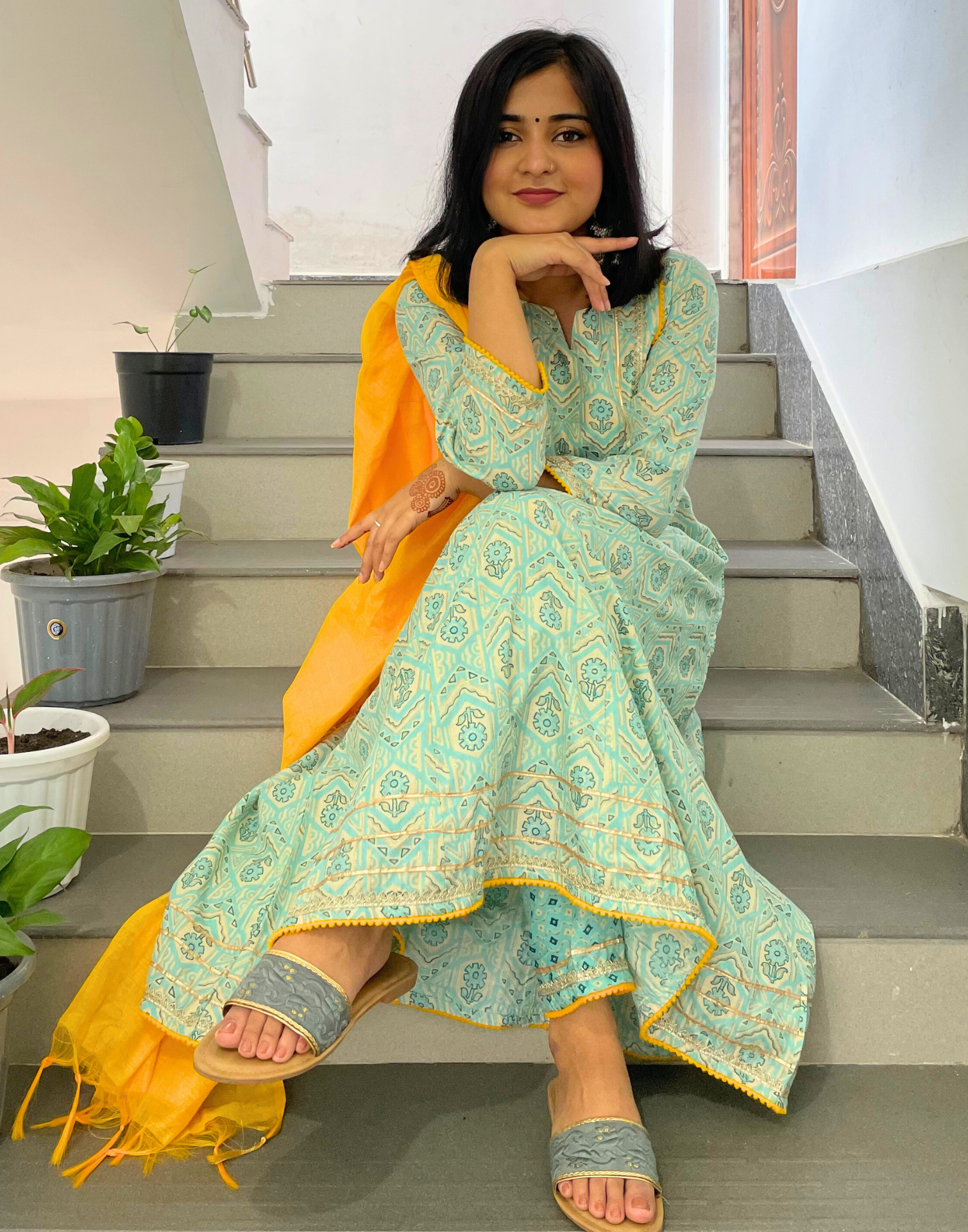 Sky Blue Printed Kurta with Pant and Dupatta | Leemboodi