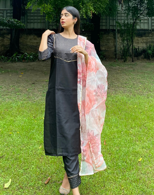 Black Printed Straight Kurti With Pant And Dupatta