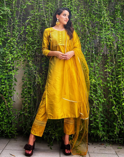 Mustard Yellow Sequence Straight Kurti With Pant And Dupatta | Leemboodi