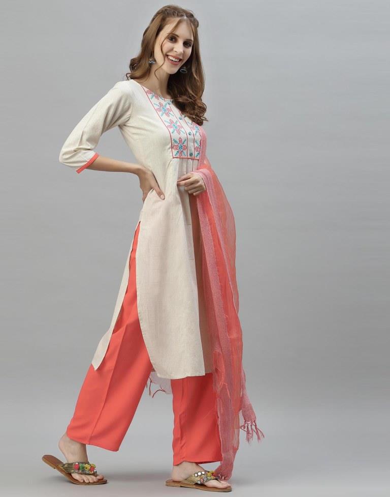 Off White Kurti with Pant And Dupatta | Leemboodi