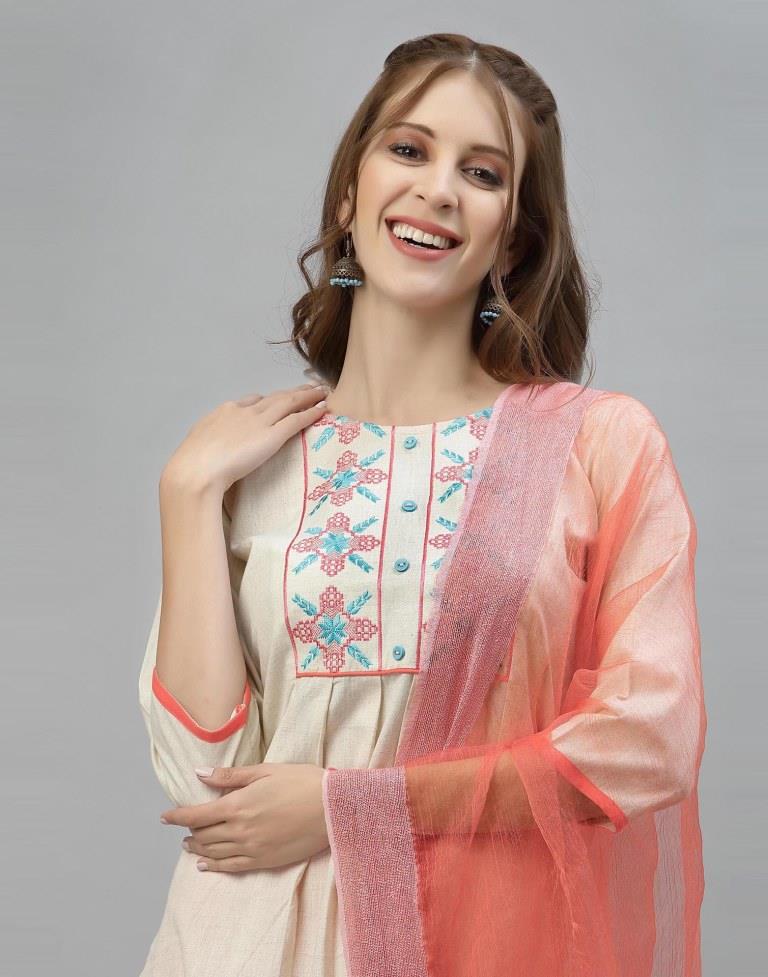 Off White Kurti with Pant And Dupatta | Leemboodi