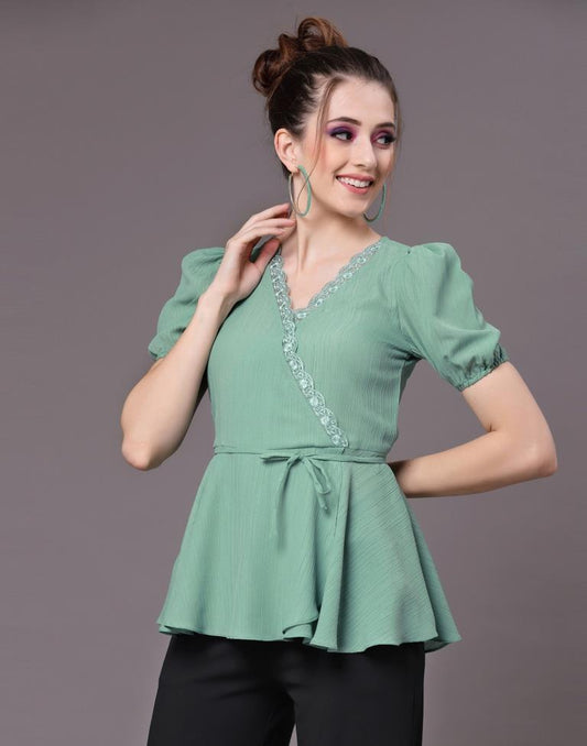 Pastel Green Cotton Embroidery Wrap Top | Leemboodi