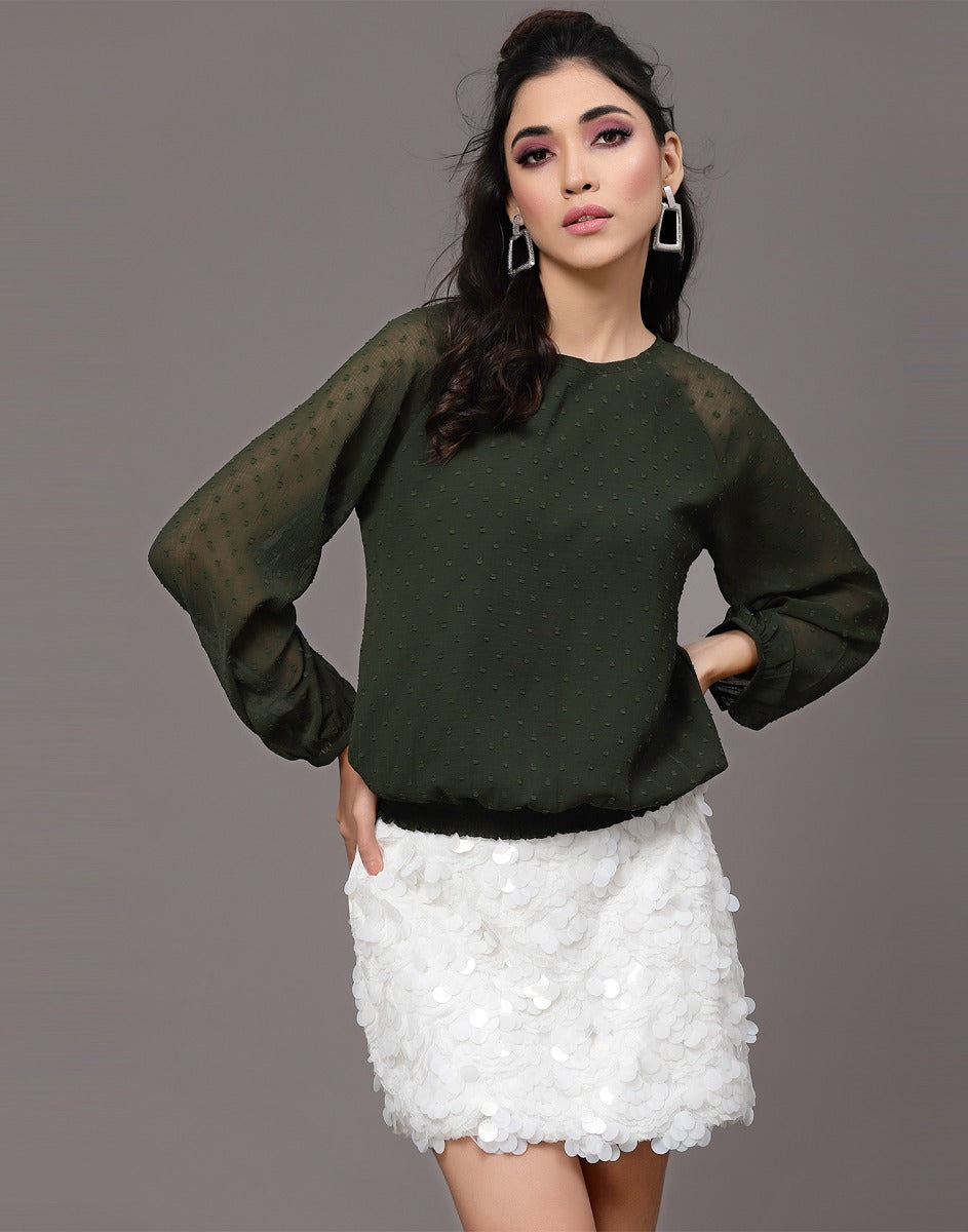 Dark Green Self Design Mock Top | Leemboodi