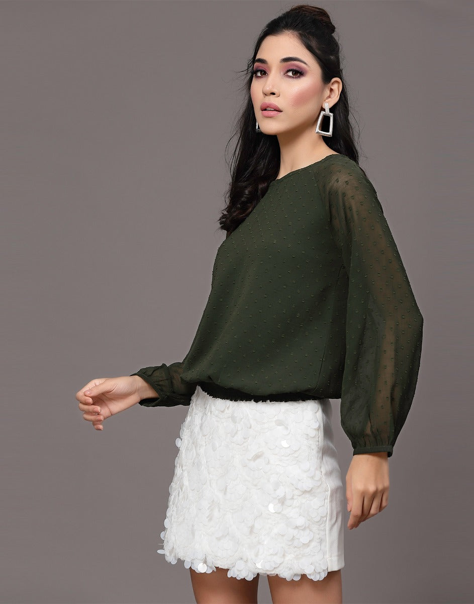 Dark Green Self Design Mock Top | Leemboodi