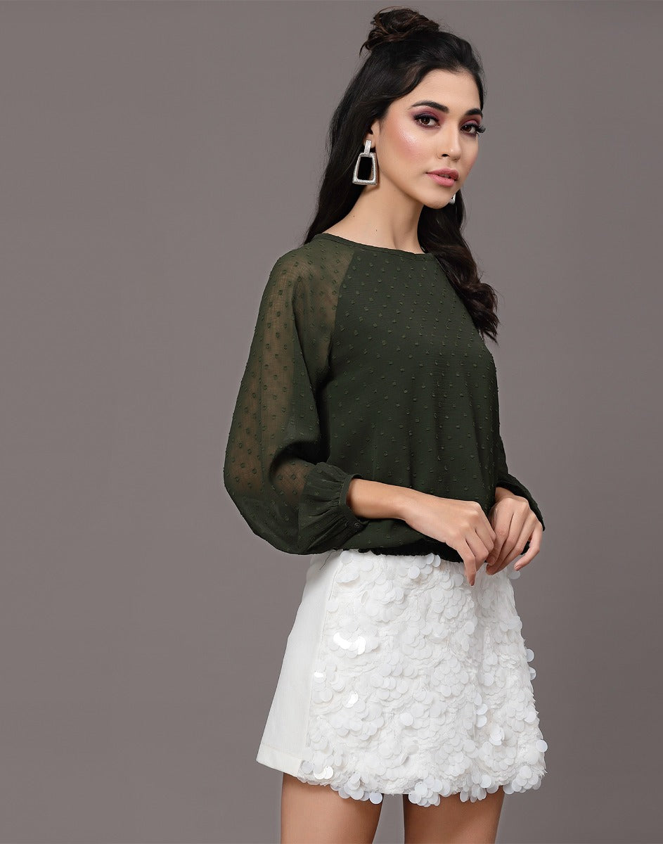 Dark Green Self Design Mock Top | Leemboodi