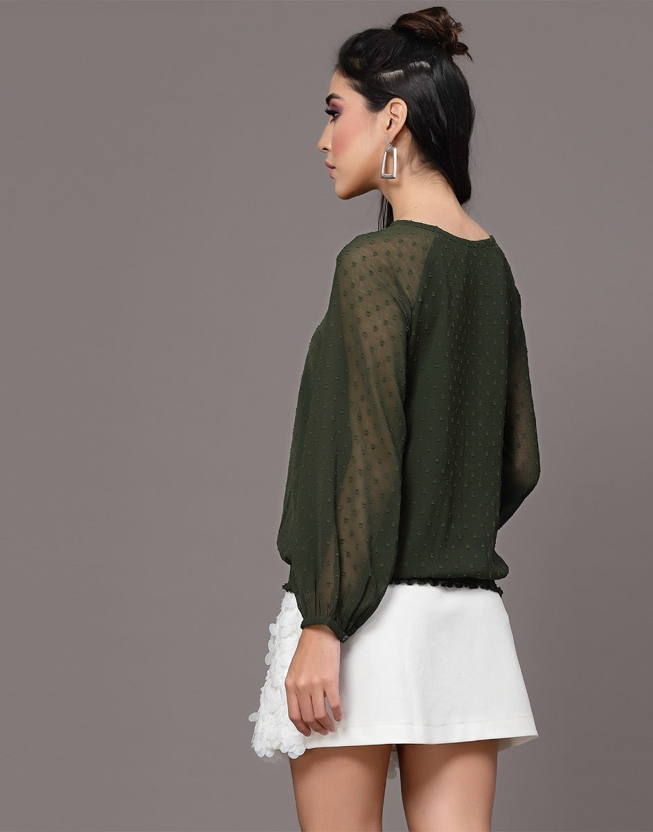 Dark Green Self Design Mock Top | Leemboodi