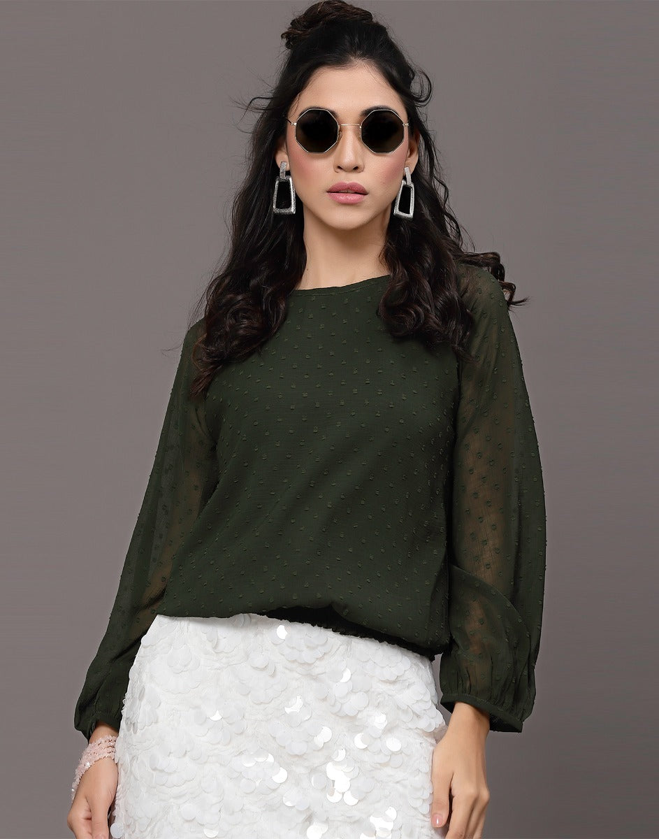 Dark Green Self Design Mock Top | Leemboodi