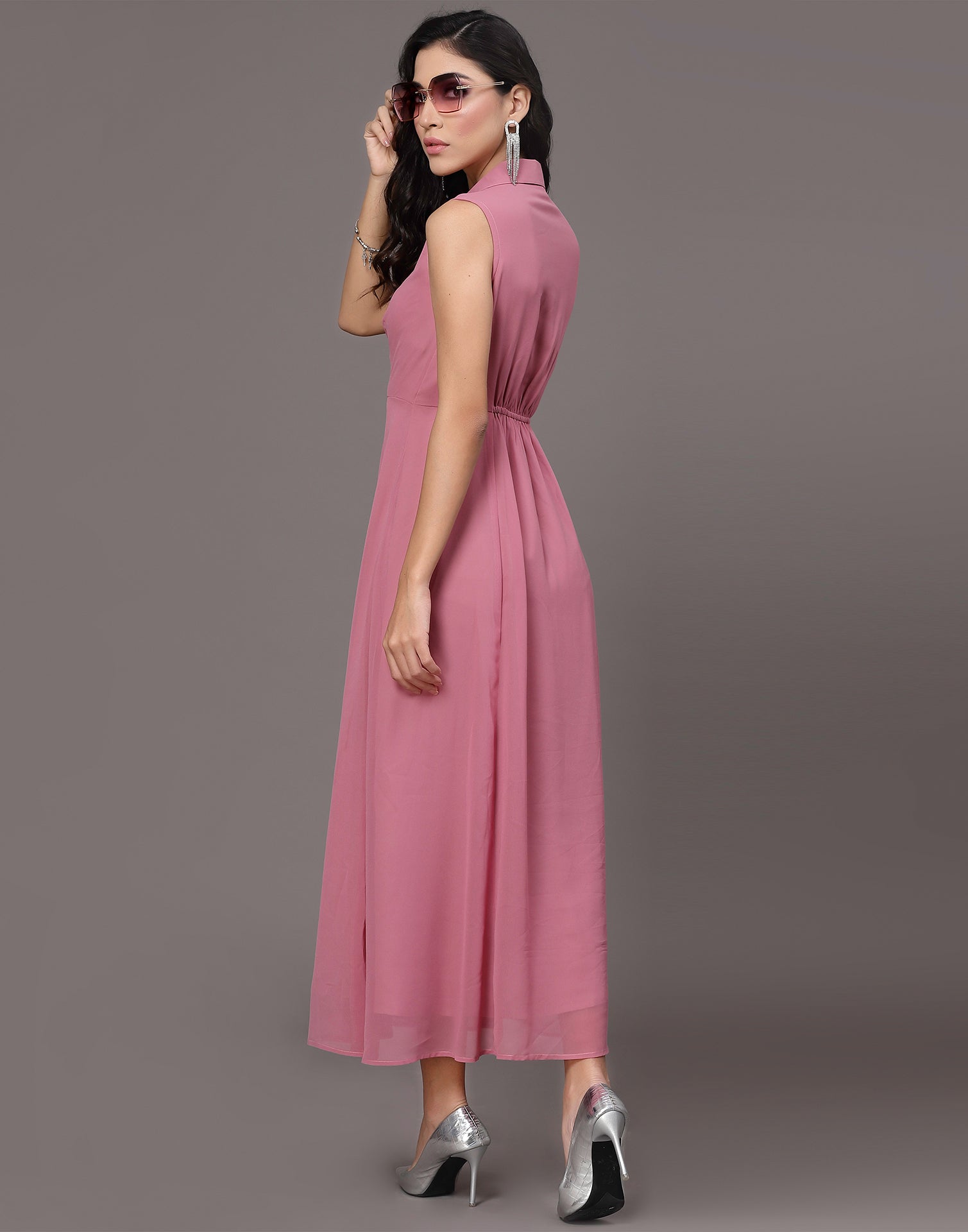 Pink Georgette A-line Dress | Leemboodi