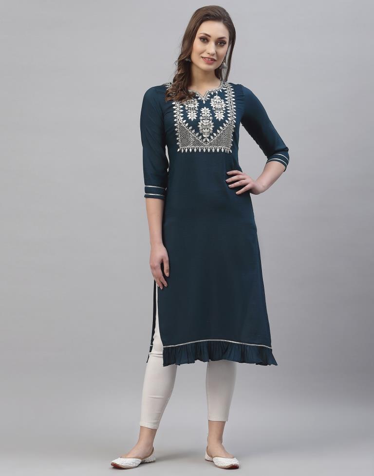 Grey-blue Embroidered Kurti | Sudathi