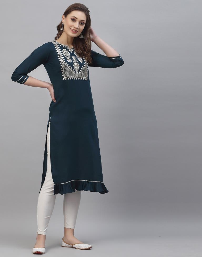 Grey-blue Embroidered Kurti | Sudathi