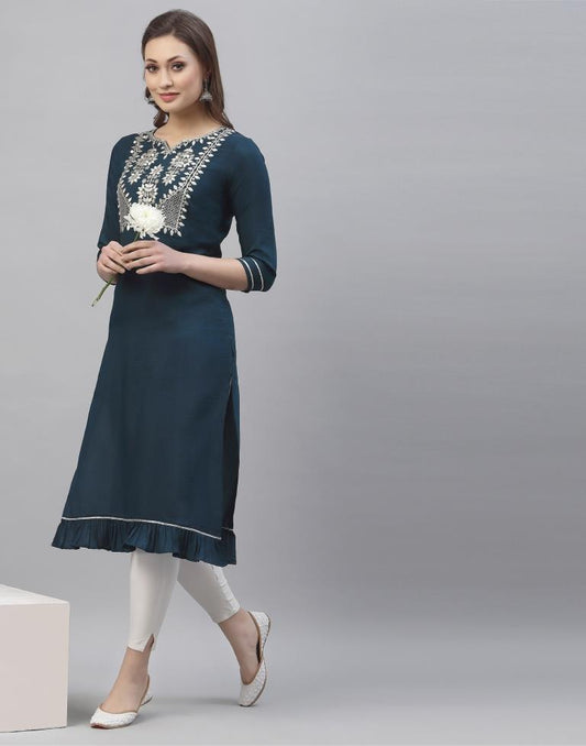 Grey-blue Embroidered Kurti | Sudathi