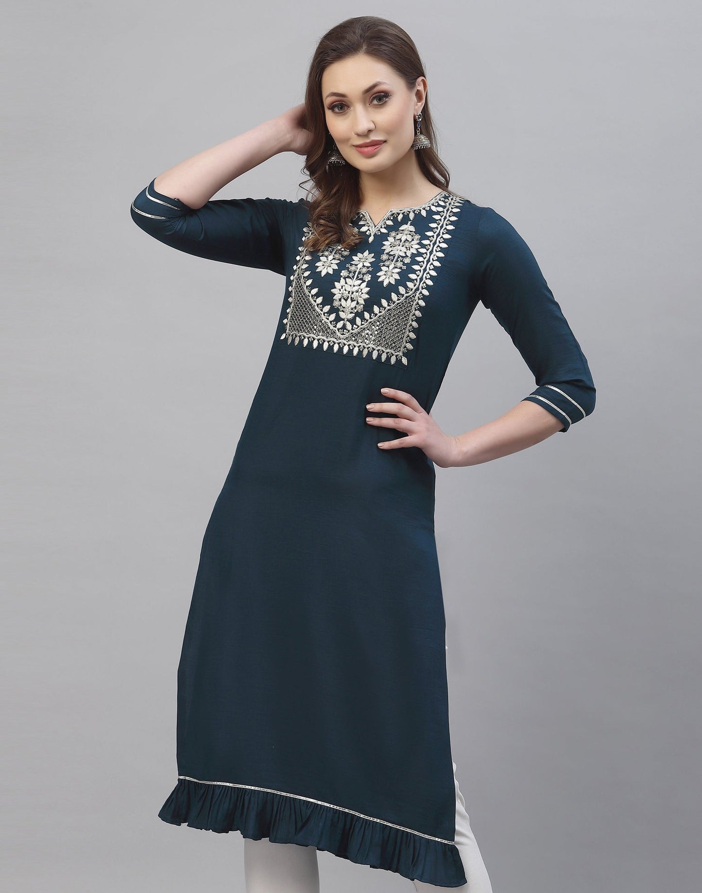 Grey-blue Embroidered Kurti | Sudathi