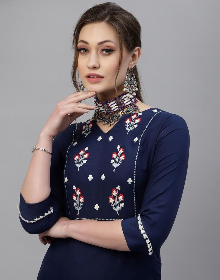 Navy Blue Embroidered Kurti | Sudathi