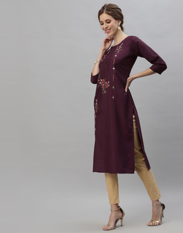 Wine Embroidered Kurti | Leemboodi