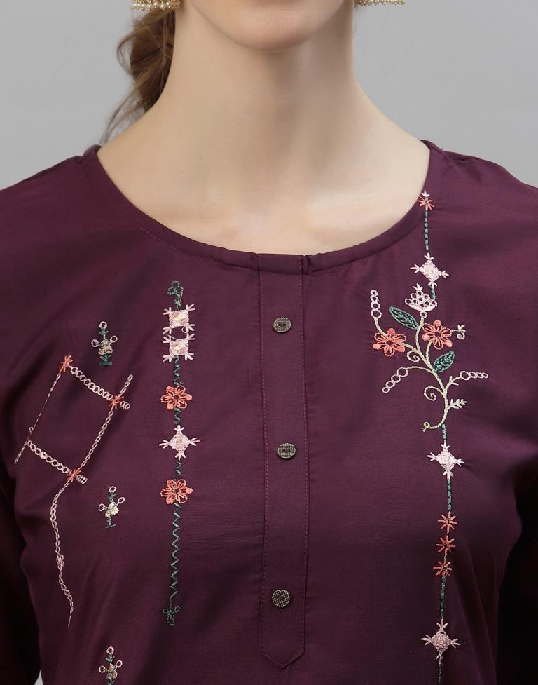 Wine Embroidered Kurti | Leemboodi