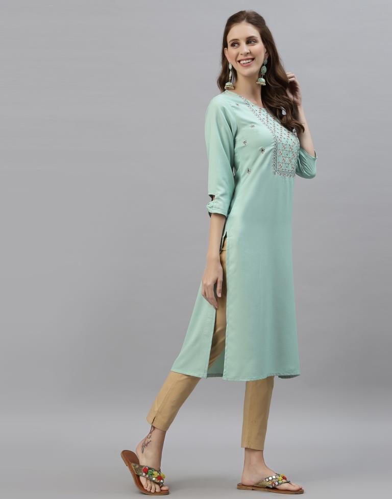 Mint Green Embroidered Kurti | Sudathi