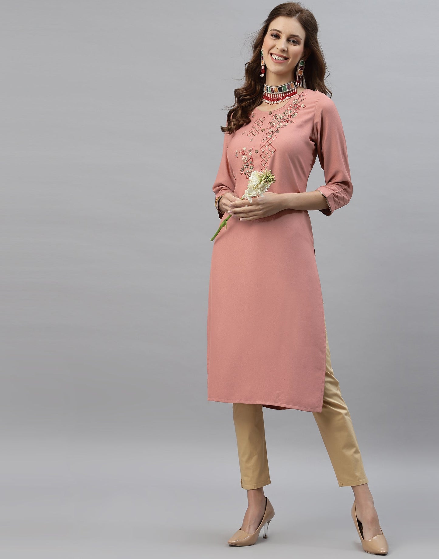 Badami Pink Embroidered Kurti | Sudathi