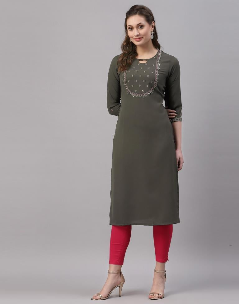 Dark Olive Green Embroidered Kurti | Sudathi