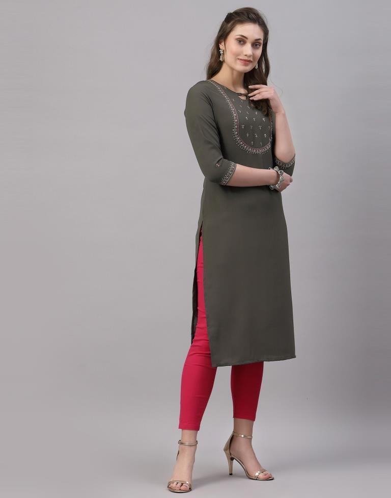 Dark Olive Green Embroidered Kurti | Sudathi