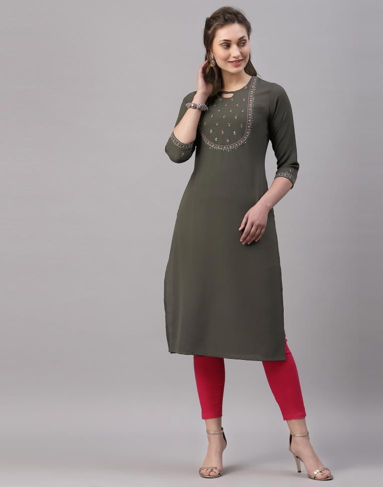 Dark Olive Green Embroidered Kurti | Sudathi