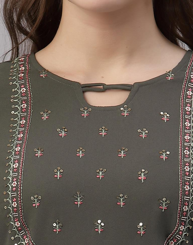 Dark Olive Green Embroidered Kurti | Sudathi