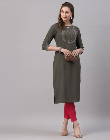 Dark Olive Green Embroidered Kurti | Sudathi