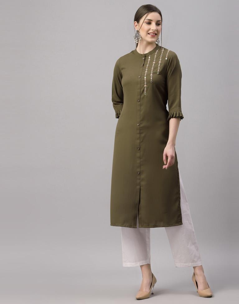 Olive Green Embroidered Kurti | Sudathi