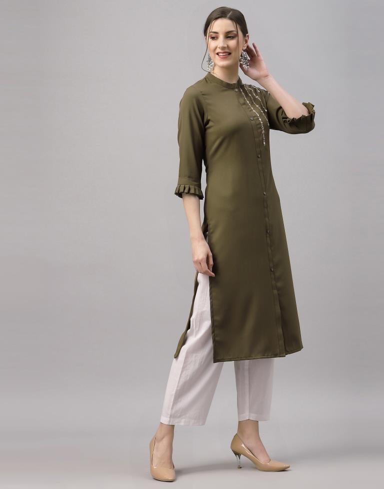 Olive Green Embroidered Kurti | Sudathi