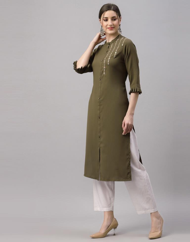 Olive Green Embroidered Kurti | Sudathi