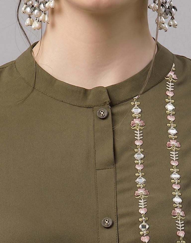 Olive Green Embroidered Kurti | Sudathi