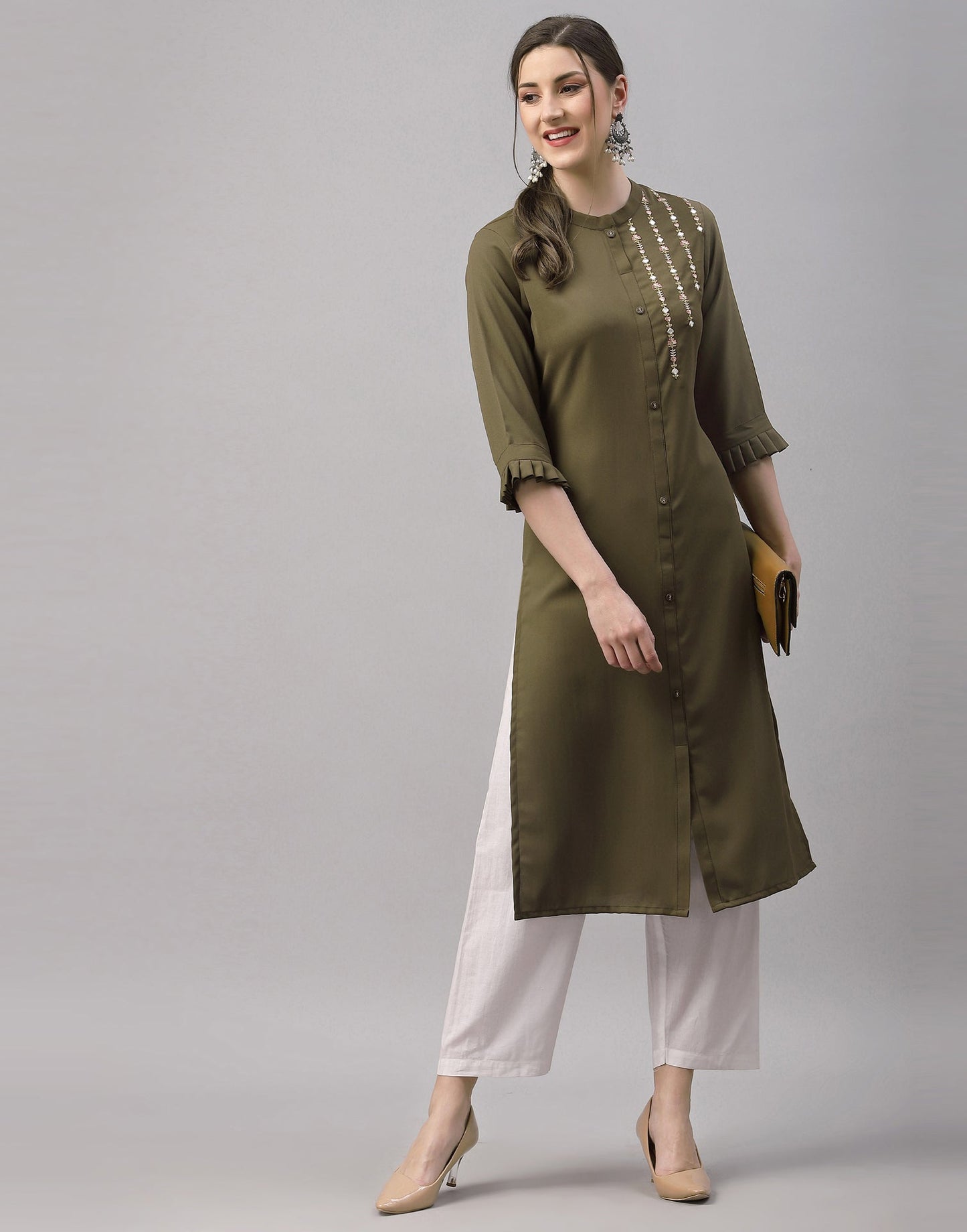 Olive Green Embroidered Kurti | Sudathi