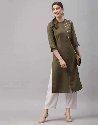 Olive Green Embroidered Kurti | Sudathi