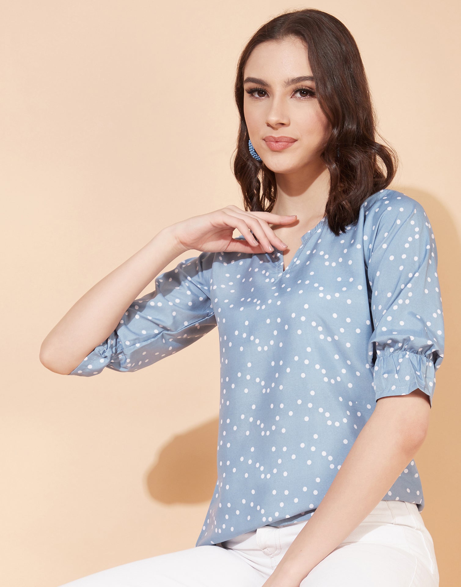 Blue And Multicolour Polka dot Top | Leemboodi