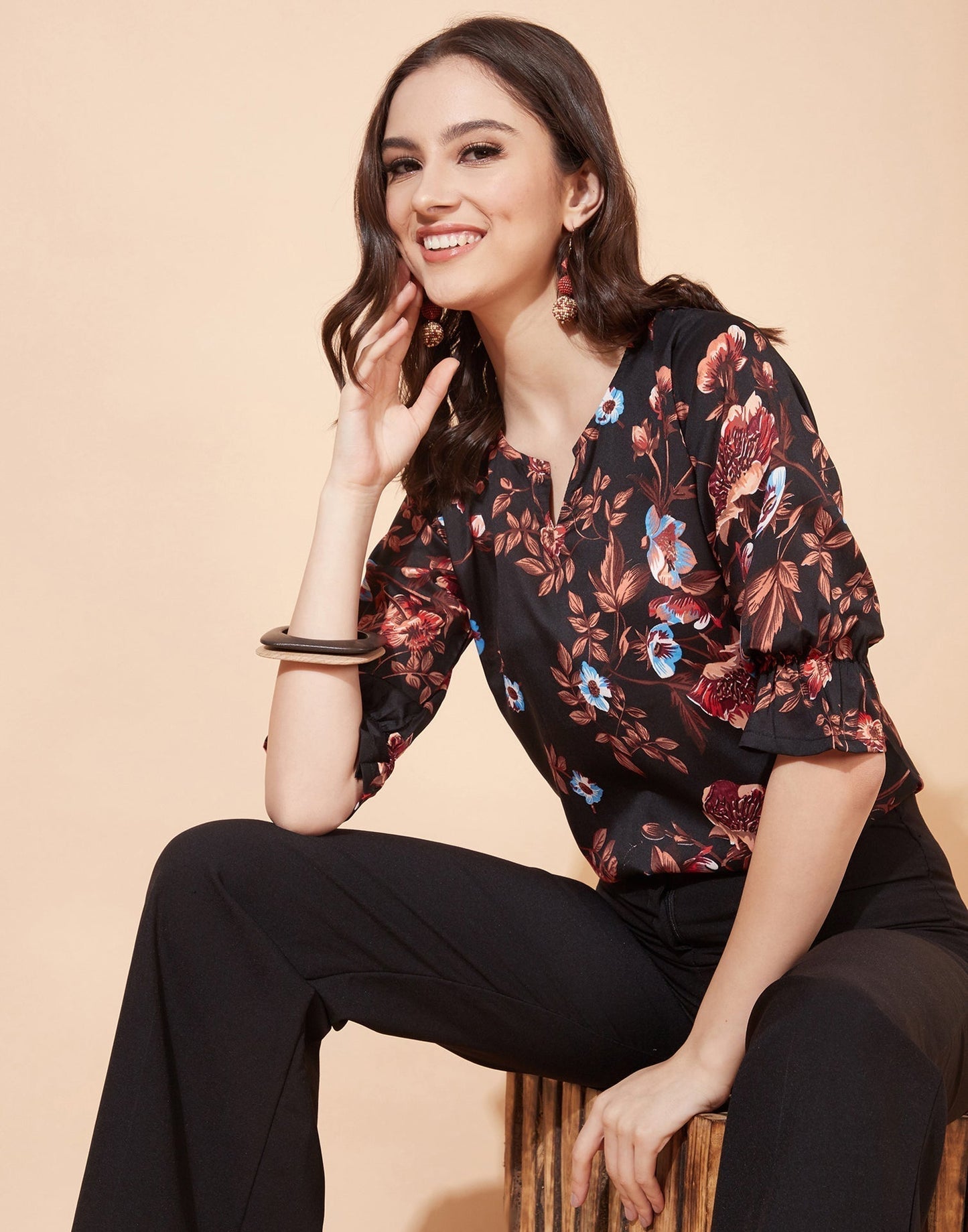 Black And Multicolour Floral Printed Top | Sudathi