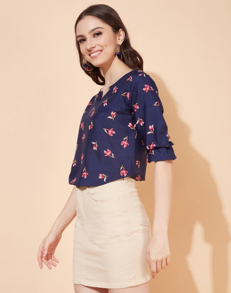 Navy Blue Floral Printed Top | Leemboodi