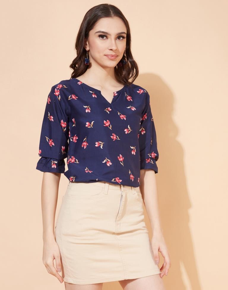 Navy Blue Floral Printed Top | Leemboodi