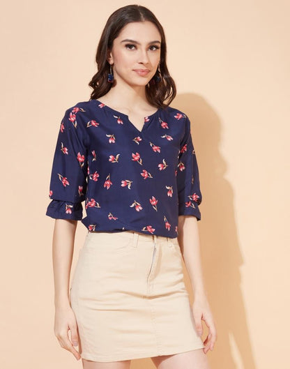 Navy Blue Floral Printed Top | Leemboodi